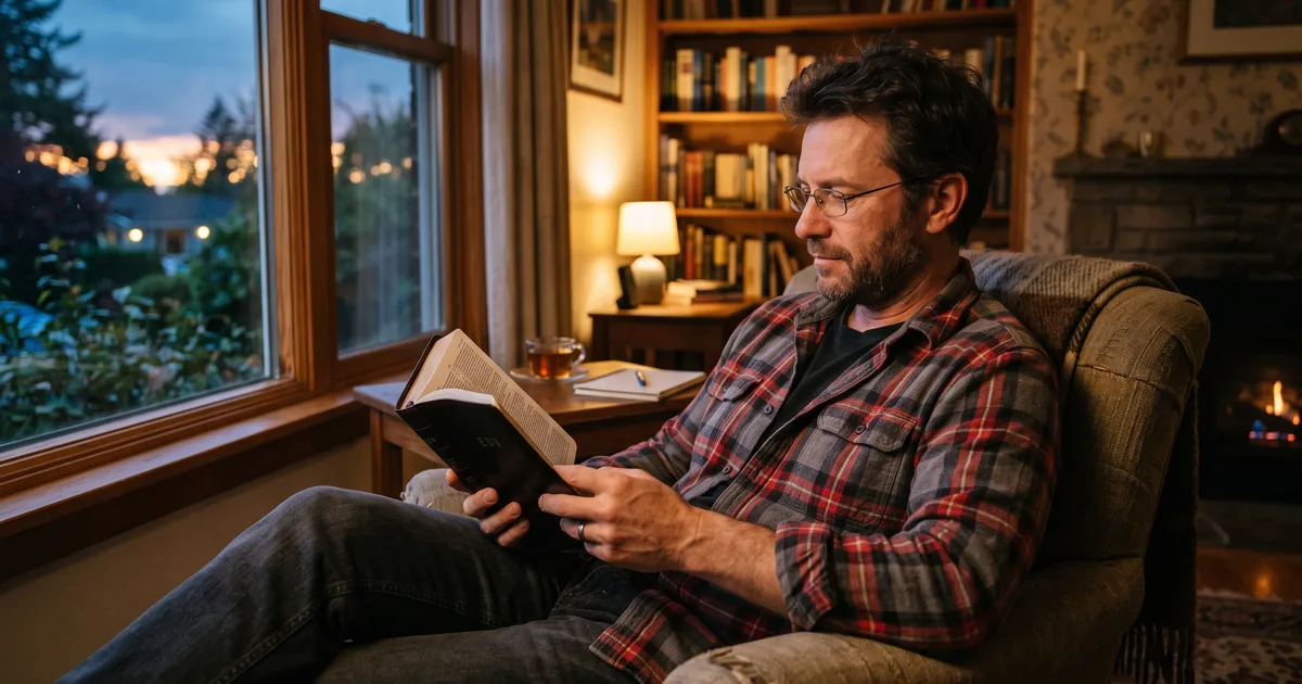 Hombre biblia tarde ventana leyendo la Biblia