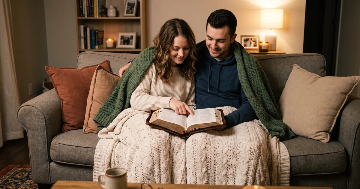 Pareja joven sofa leyendo la Biblia